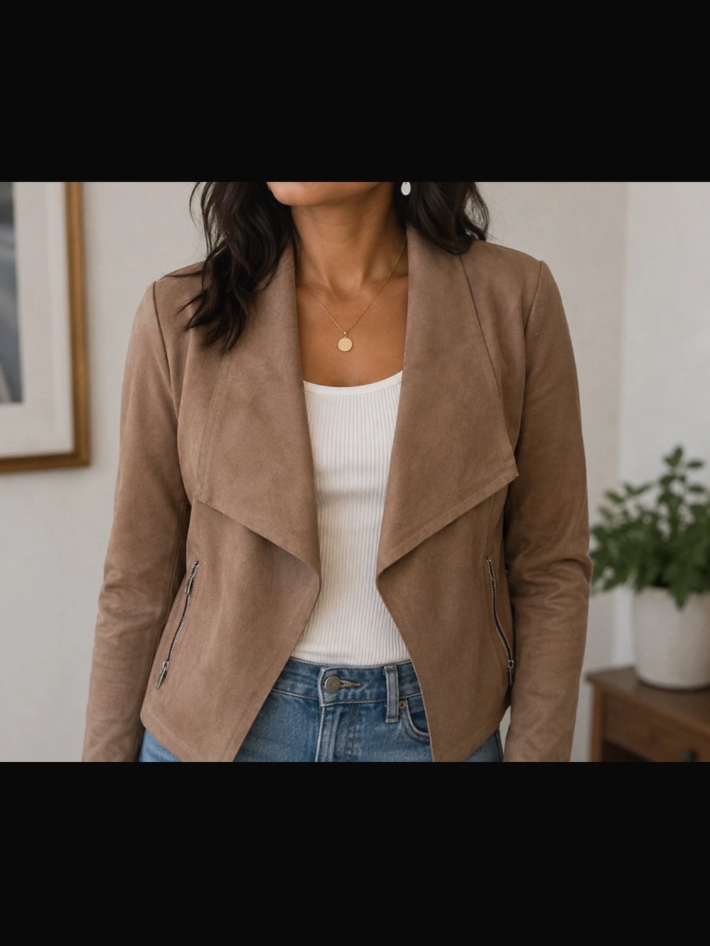 Women’s Tan Faux Suede Open-Front Jacket